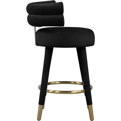 Meridian Furniture 798Black-C Fitzroy Collection Modern | Contemporary Velvet Upholstered Counter Stool with Deep Channel Tufted Back and Gold Metal Capped Legs, Black, 25" W x 21" D x 35" H, Set of 2