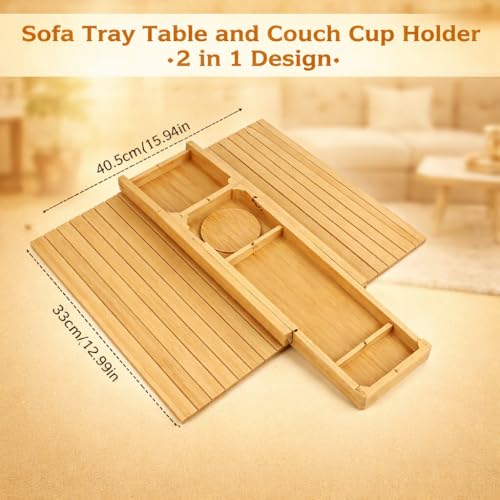 Bamboo Sofa Armrest Tray with Detachable Couch Cup Holder, 2-in-1 Foldable Anti-Slip Couch Arm Tray, Sofa Arm Organizer for Drinks, Remotes, Phone, and Snacks, Portable Armrest Caddy Table.