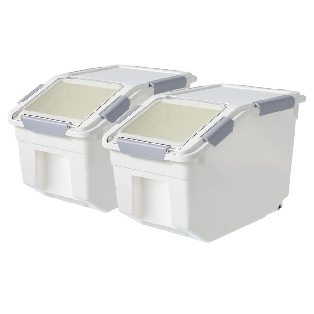 20Lbs 2 Pack Food Storage Container with Scoop, Airtight Rice Storage Bins Flour Containers Pet Food Dispenser with Handle & Wheels, Plastic Kitchen Pantry Organization for Cereal Baking Supplies