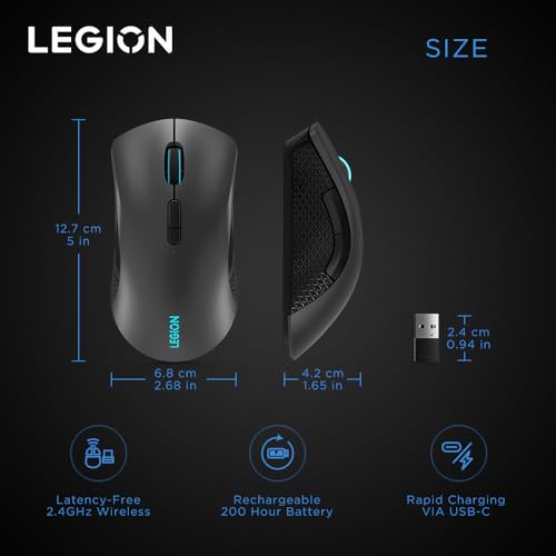 Lenovo Legion M410 Wireless RGB Gaming Mouse – 6 Button Palm Grip Mouse with 16,000 DPI, 53 Hour Rechargeable Battery, 2-Zone RGB Lighting, NVIDIA Reflex Compatible
