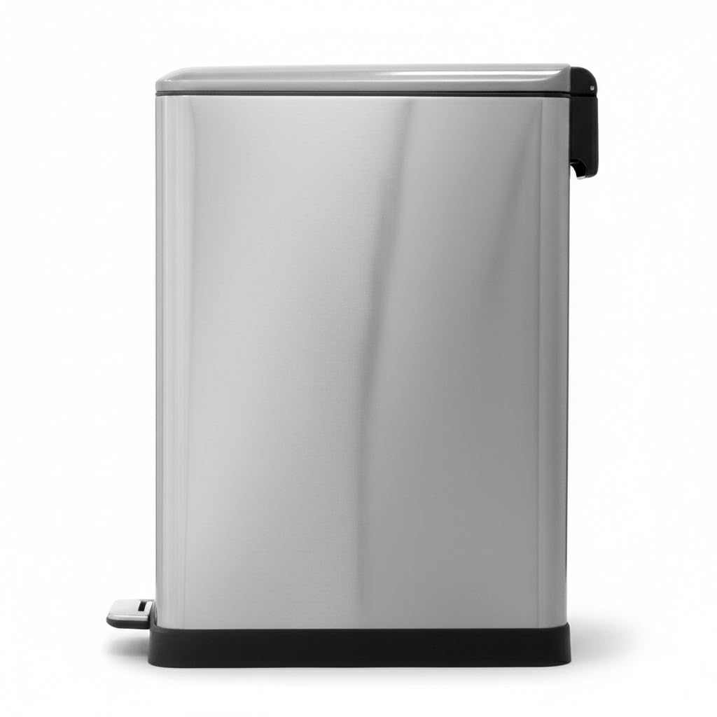 Home Zone Living 13 Gallon Slim Kitchen Trash Can with Dual Compartments for Trash and Recycling, Soft Close Lid, Step Pedal, Stainless Steel, Silver