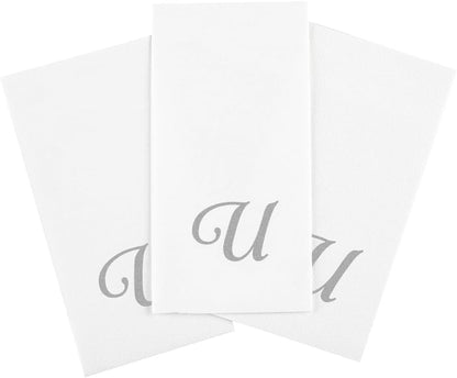 15.8 7.9 Inch 50 Luxenap X Linen-Feel Guest Towels, Disposable Striped Hand Towels - Silver Letter 'U', Cursive Font