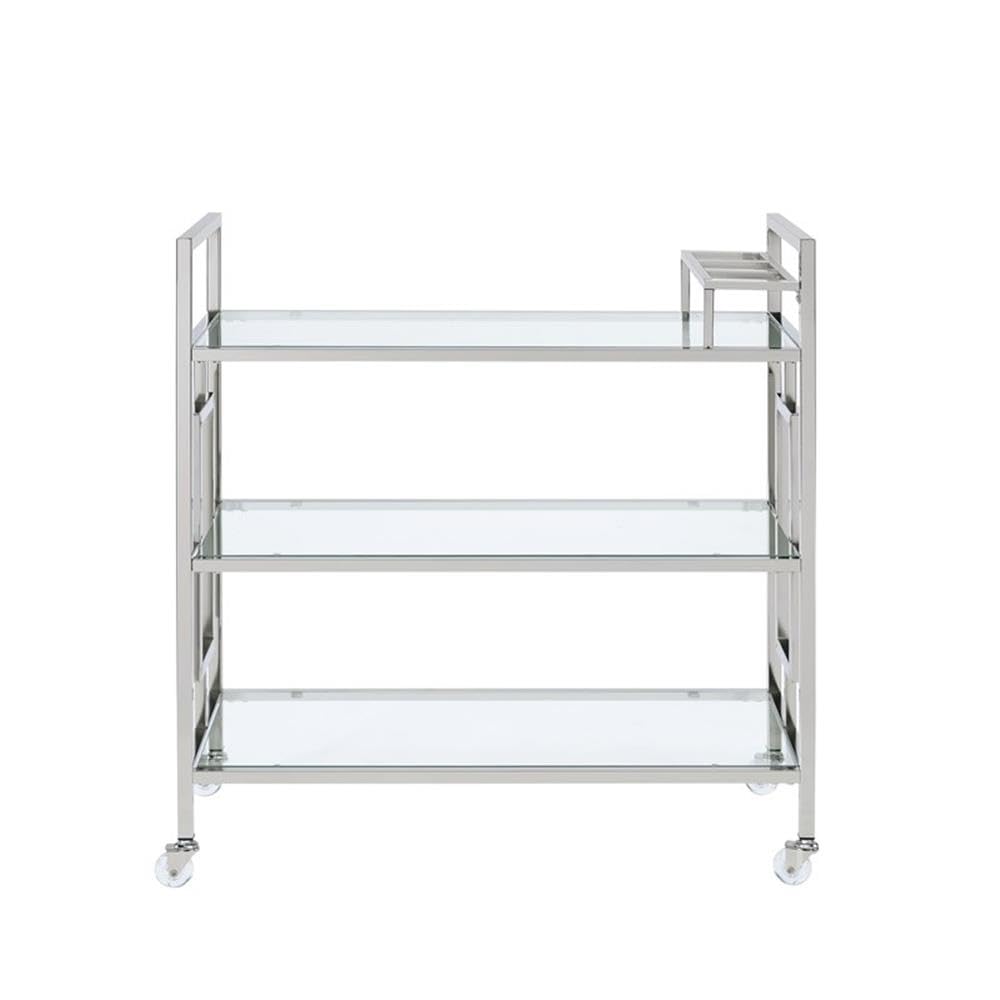 BOWERY HILL Contemporary Bar Cart, Clear Tempered Glass Shelves, 35" H x 33" W x 16" D, Chrome Finish, Modern Glam Design with Casters, Rectangular Serving Cart for Living or Dining Room Use