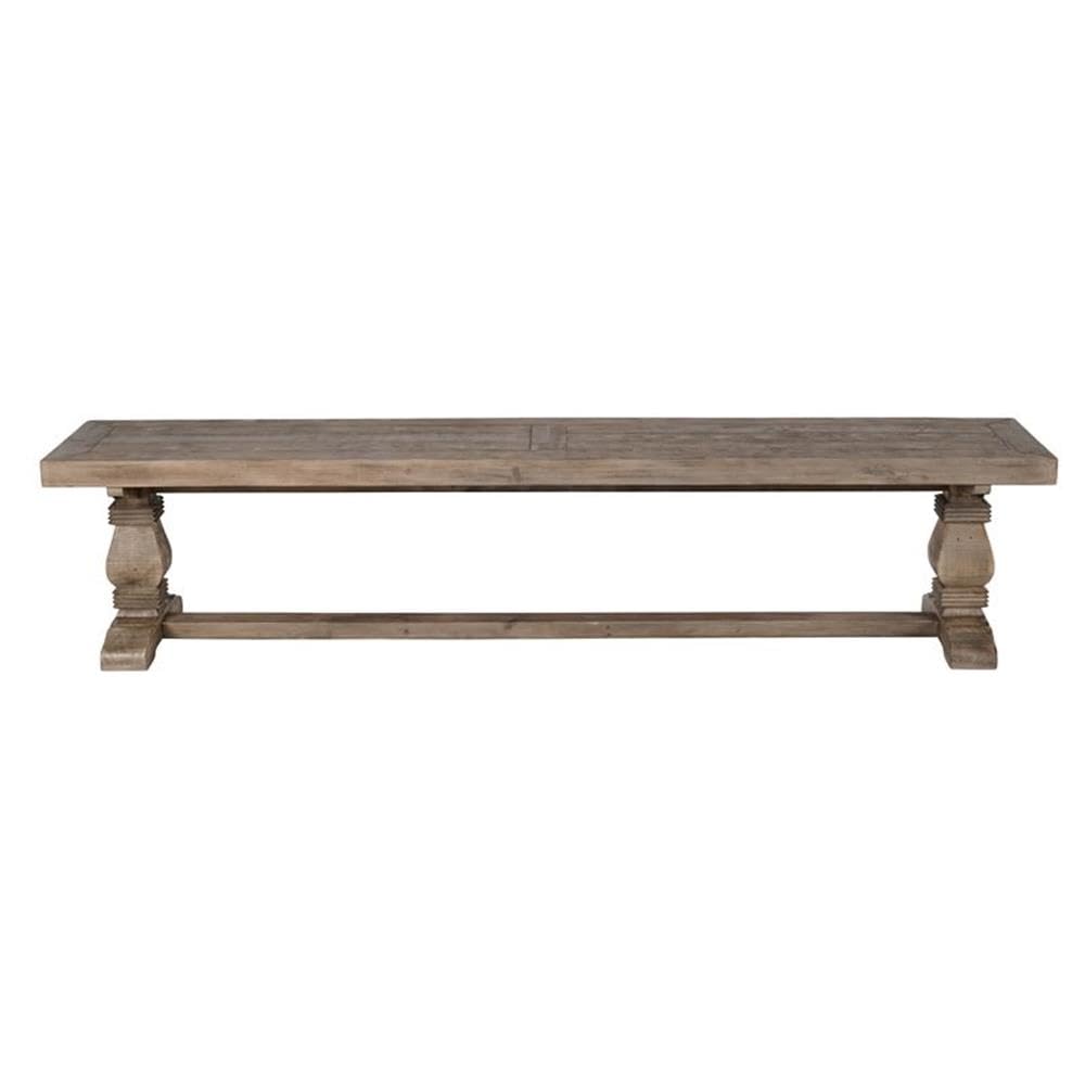 Trent Home 83" Transitional Reclaimed Pine Wood Bench, Weathered Brown Finish, FSC Certified, Hand-Carved Pedestal Base, Rustic Seating for Kitchen, Dining Room or Entryway