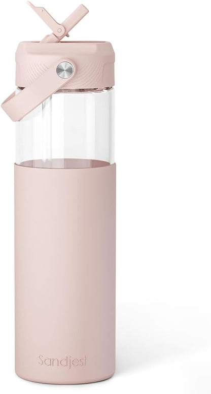 20oz SANDJEST Glass Water Bottle with Silicone Sleeve and Straw Lid for Girls Women, Glass Drinking Bottles for Travel