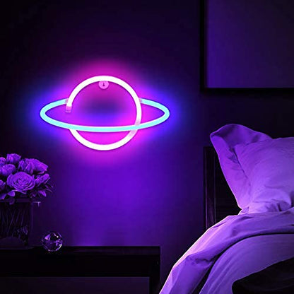 Lumoonosity Planet Neon Sign - USB Powered Saturn LED Light with On/Off Switch, Planet Led Sign for Wall Decor - Aesthetic Hanging Saturn Neon Light for Bedroom, Gaming Room
