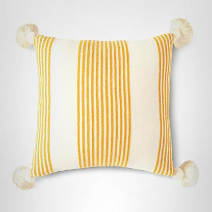 Cream Cotton & Chenille Pillow with Mustard Stripes & Tassels
