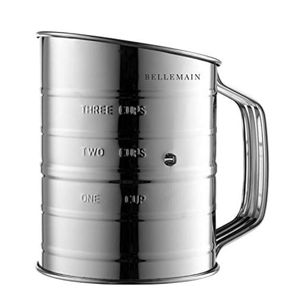 Bellemain 3 Cup Flour Sifter for Baking Fine Mesh Rotary Hand Crank with Loop Agitator for Quick Sifting, Flour Sifter Stainlees Steel