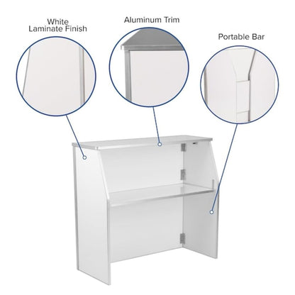 Flash Furniture 4' Folding Portable Event Bar with Top and Middle Shelves, Mobile Laminate Foldable Bar for Parties and Events, White
