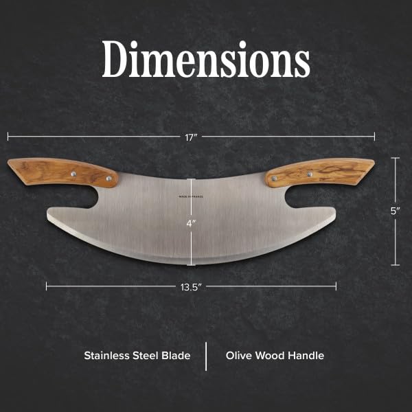 17” Pizza Cutter Rocker Blade - Stainless Steel Slicer with Double Olivewood Handles for Easy Cutting - Large Mezzaluna Chopper - Pizza Oven Accessories by Classic Cuisine