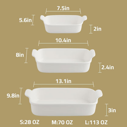 Sweejar Baking Pans Set - Durable Ceramic 9x13 Baking Dish with Handle | 3-Piece Casserole Bakeware Set in White