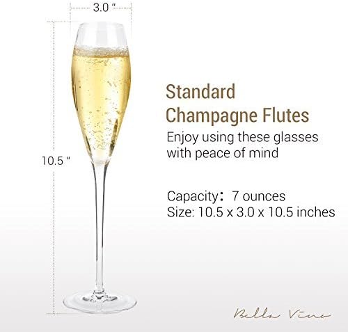 Bella Vino Hand Blown Crystal Champagne Flutes - Set of 2, 10.5", Clear, 7 oz, Premium Crystal Glasses, Great Gift