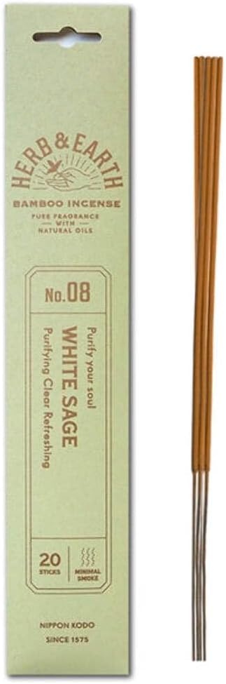 20 1575 HERB & EARTH H&E Bamboo Incense - White SAGE - Sticks by Nippon KODO, Japanese Quality Incense Since
