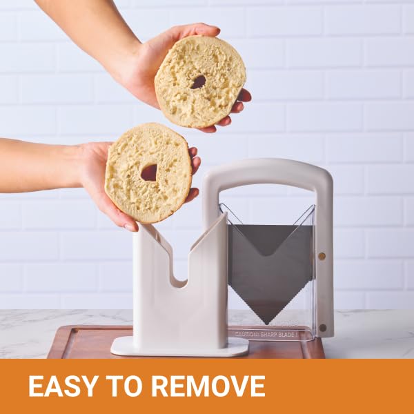 Hoan Bagel Biter Slicer and Cutter with Safety Shield - Serrated Blade Cuts Bagels, Muffins, Buns and Rolls - Dishwasher Safe Bagel Guillotine, 9.25 Inches Tall, White