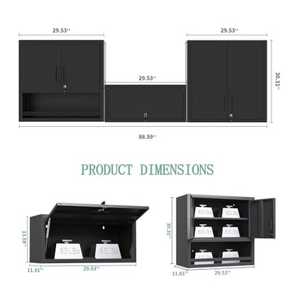 3-Pack Garage Tool Cabinet,Heavy Duty Steel Garage Storage System with Lockable Doors & Adjustable Shelves,Wall Mount Tool Cabinet Set for Workshop Organization,Black