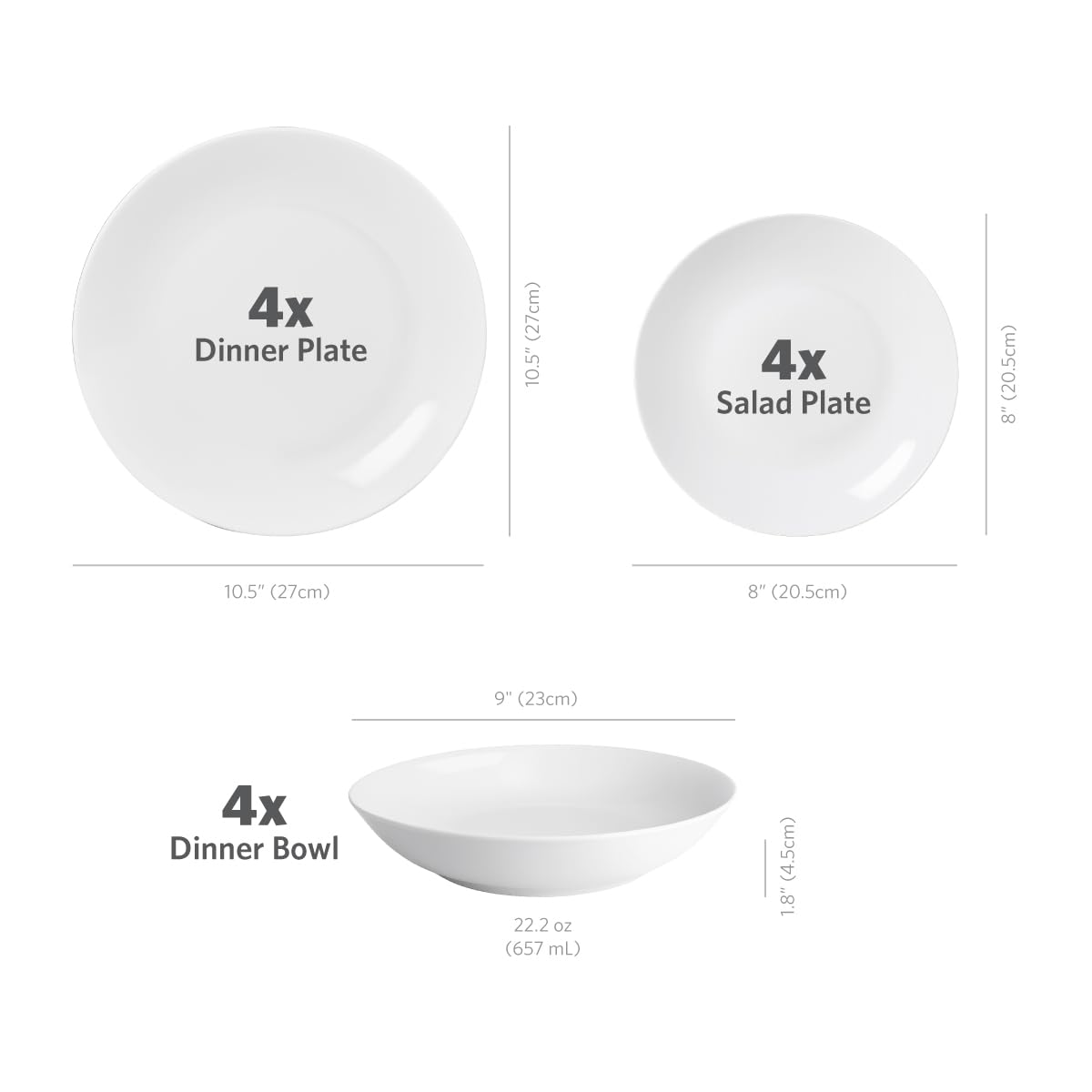 Glad Porcelain Dinnerware Set, 22pcs - White Round Kitchen Dishes, Microwave, Oven & Dishwasher Safe - Dinner Set with Plates, Bowls, Mugs, and Salt & Pepper Shakers