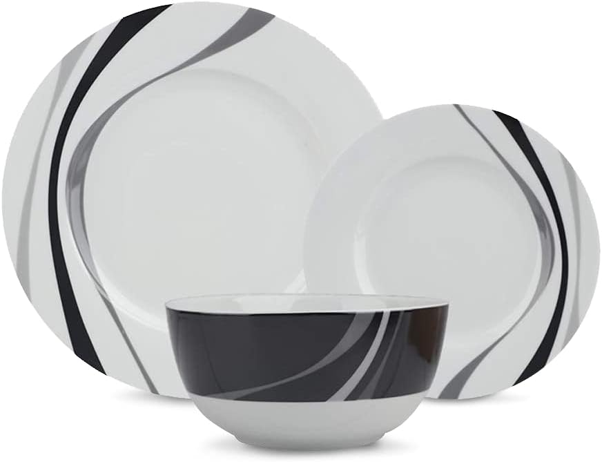 18-Piece Set, 6, Amazon Basics Complete Kitchen Dinnerware Microwave and Dishwasher Safe, Plates, Dishes, Bowls, Swirl