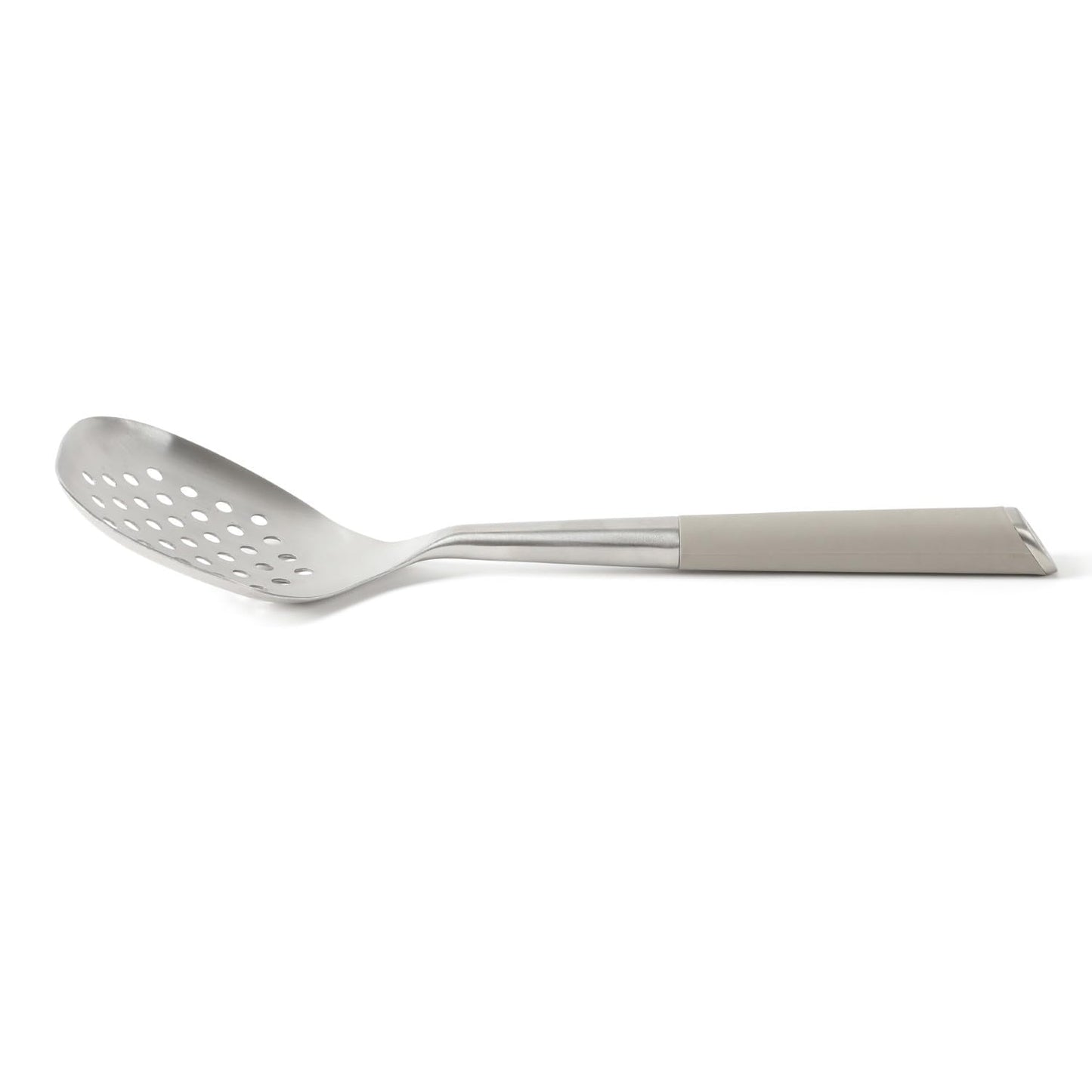 Calphalon Edge Stainless Steel Slotted Spoon/Skimmer with Taupe Handle, Slotted Cooking Tool for Draining and Skimming, Heat-Resistant, Durable Kitchen Utensil for Everyday Use