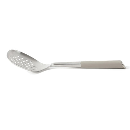 Calphalon Edge Stainless Steel Slotted Spoon/Skimmer with Taupe Handle, Slotted Cooking Tool for Draining and Skimming, Heat-Resistant, Durable Kitchen Utensil for Everyday Use