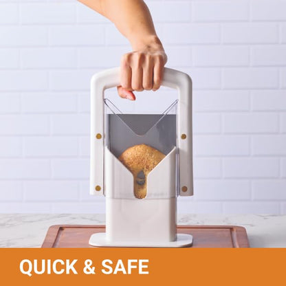 Hoan Bagel Biter Slicer and Cutter with Safety Shield - Serrated Blade Cuts Bagels, Muffins, Buns and Rolls - Dishwasher Safe Bagel Guillotine, 9.25 Inches Tall, White