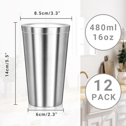 Offiper Stainless Steel Cups, 16 oz Insulated Tumbler, 12 Pack Double Wall Unbreakable Stackable Water Tumblers Insulated Metal Cup Premium Drinking Glasses for Travel Camping Home Outdoor