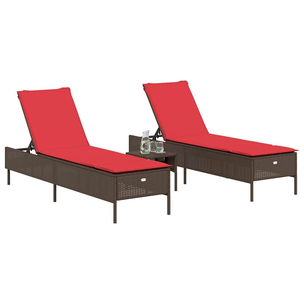 Yisssmeng 3-Piece Patio Sun Lounger Set with Red Cushions, Brown Poly Rattan Outdoor Chaise Lounge Chairs for Garden, Poolside and Terrace, Adjustable Backrest, 2 Pack, Steel Frame