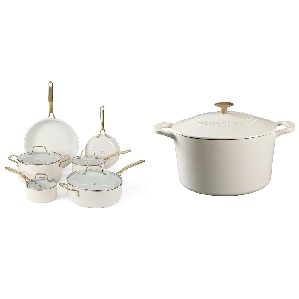 Martha Stewart Lockton Premium Nonstick PFA Free Ceramic Interior 10 Piece Heavy Gauge Enamel Aluminum Pots and Pans Cookware Set - Linen White w/Gold Handle & Gatwick 7 QT Enamel Cast Iron Dutch Oven