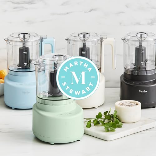 Martha Stewart 3 Cup Food Processor, Electric Vegetable Chopper, Stainless Steel Blades, 24oz BPA-Free Bowl, Pour Spout, Dicing, Mincing, Chop & Puree, Dishwasher Safe, Oil Chute, Easy-Clean, Caviar