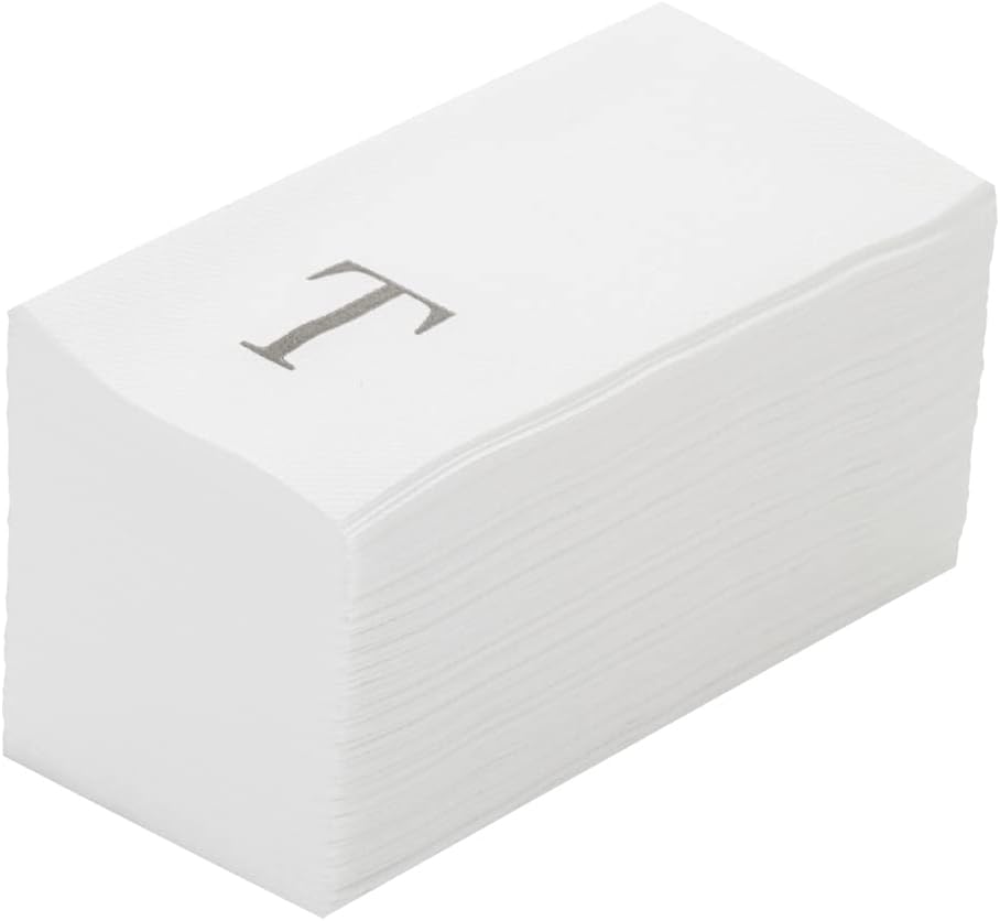 15.8 7.9 Inch 50 Luxenap X Linen-Feel Guest Towels, Lettered Hand Towels - Silver Letter 'T', Sans Serif Font, White