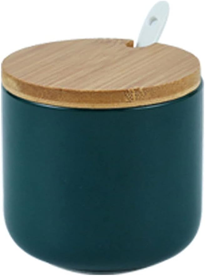 Simple Pure Color Ceramic Spice Jar, Seasoning Box with Bamboo Lid and Spoon