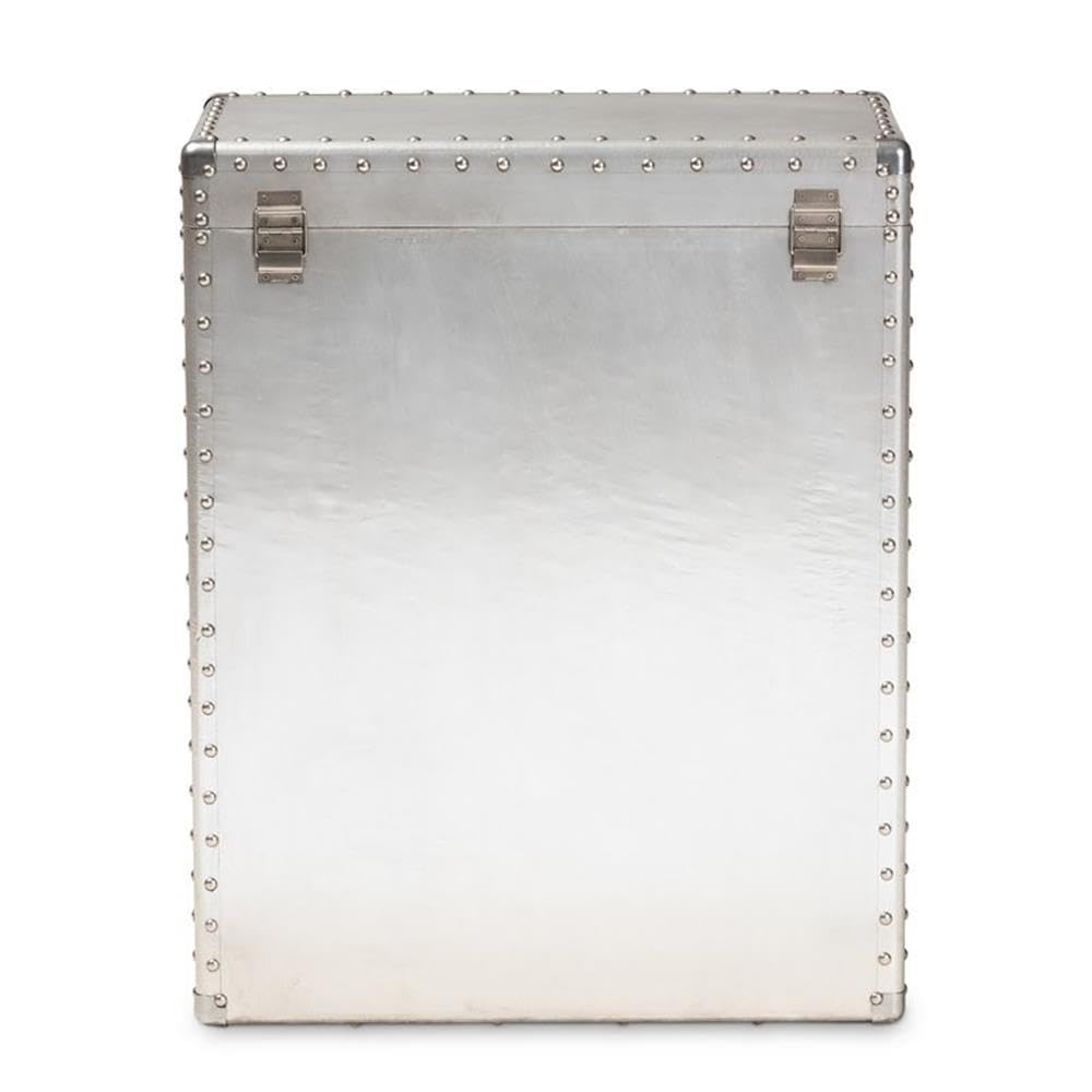 BOWERY HILL 3-Drawer Mid-Century Metal Accent Storage Chest, Silver Finish, Wood and Metal Construction, Vintage-Inspired Rivet Details, Lift-Top Compartment, Bedroom, Living Room, or Entryway Use