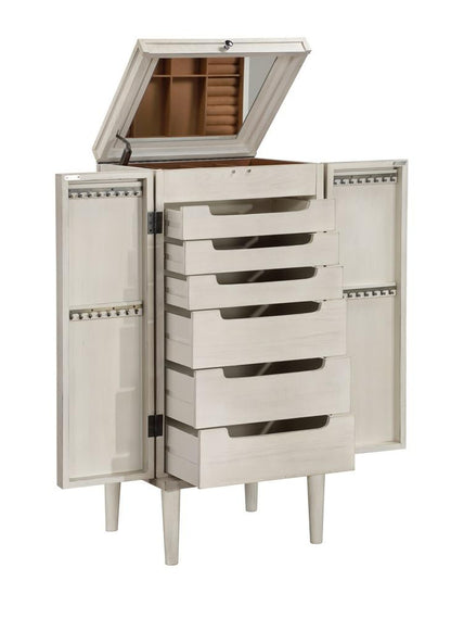 Deco 79 Wooden Geometric Washed Oval Rattan Front Armoire Jewelry 2 Door, 6 Drawer, and 32 Hook Cabinet with Mirrored Lift Top and Organizer Shelf, 20" x 18" x 47", Light Gray