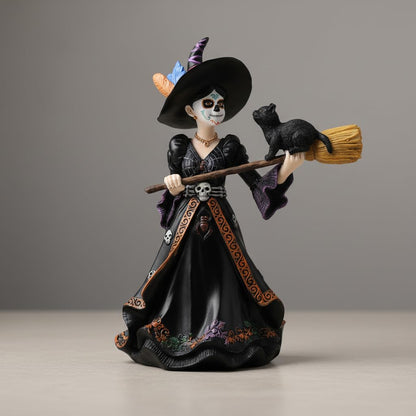 Comfy Hour 9" Dark Fairy Witch Figurine on Broom, Gothic Sorceress with Black Cat Statue, Mystical Fantasy Home Office Desktop Decor, Artisan Crafted Resin Sculpture, 1 Unit