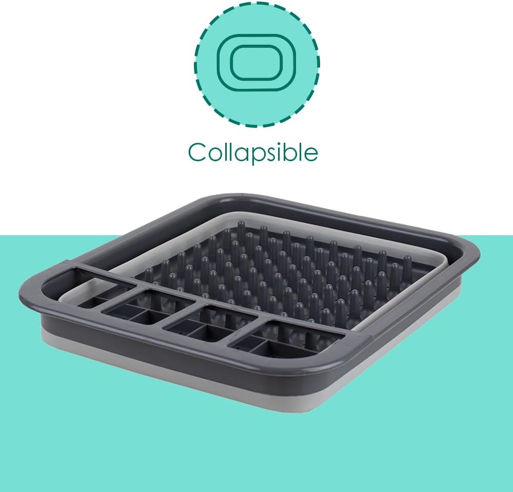 Home Basics Grey Silicone and Plastic Easy Storage Collapsible Dish Rack with Cutlery Holder