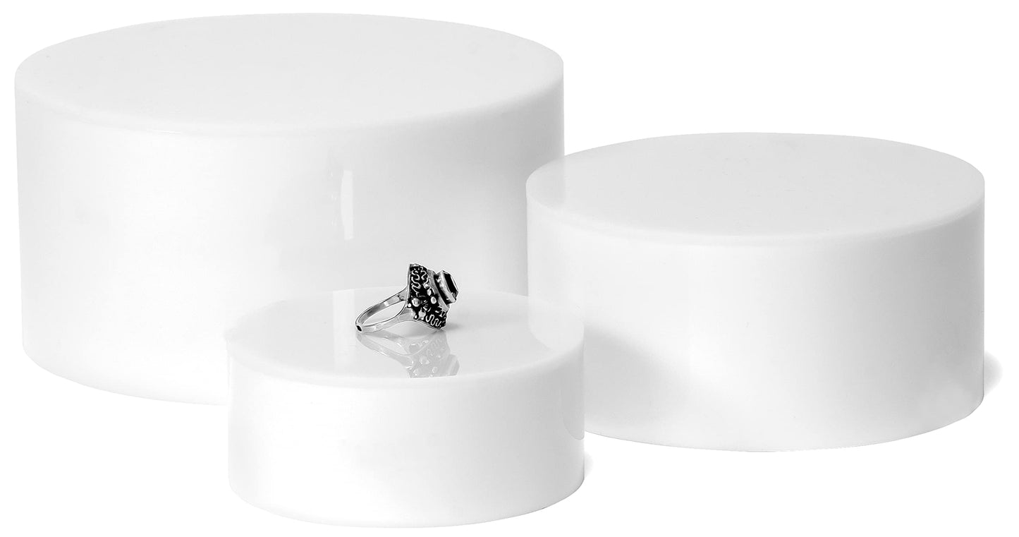 Red Co. Set of 3 Sizes (6", 5", 4") Acrylic Round Cylinder Display Nesting Riser Stands with Hollow Bottoms, Glossy White