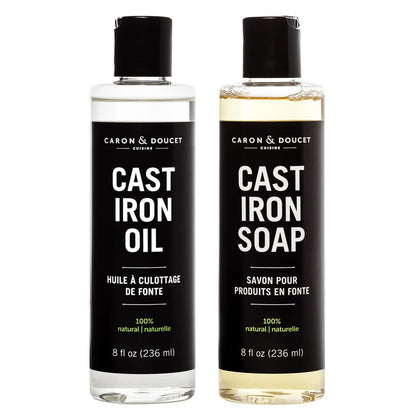 CARON & DOUCET - Cast Iron Cleaning & Conditioning Set: Seasoning Oil & Cleaning Soap | 100% Plant-Based | Best for Washing, Restoring & Seasoning Cast Iron Skillets, Pans & Grills! 8oz Each