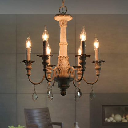 OSAIRUOS French Country Candle Style Chandelier, Handmade White Distressed Wood Lighting Ceiling Light Fixture Pendant Lamp Chandeliers for Dining Living Room Bathroom W20.8