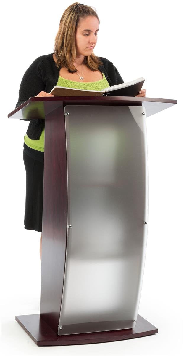 FixtureDisplays® 44.25" Tall Podium for Floor, Curved Frosted Front Acrylic Panel - Red Mahogany 19658