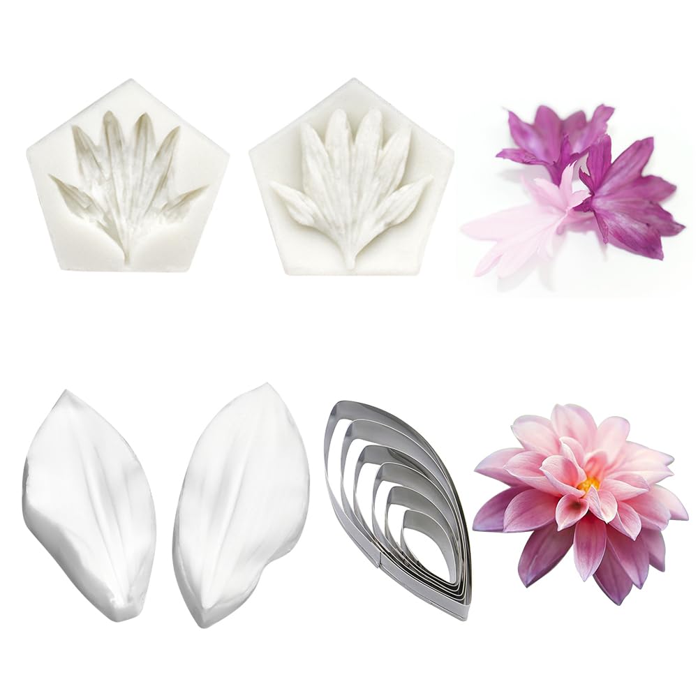 AK ART KITCHENWARE Silicone Veiner Stainless Steel Fondant Cutter Set for Gum Paste Flower Leaf Sugar Craft Tools Cake Decorating Supplies Silicone Veining Molds Moulds for Wedding with Christmas Box