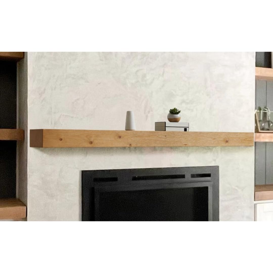Touchstone Floating Fireplace Mantel Shelf – Solid Wood Wall-Mounted Mantel – Rustic Farmhouse Style 84 Inch – Natural Finish