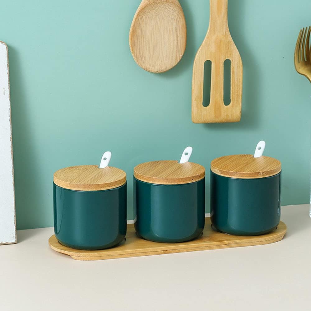 Simple Pure Color Ceramic Spice Jar, Seasoning Box with Bamboo Lid and Spoon