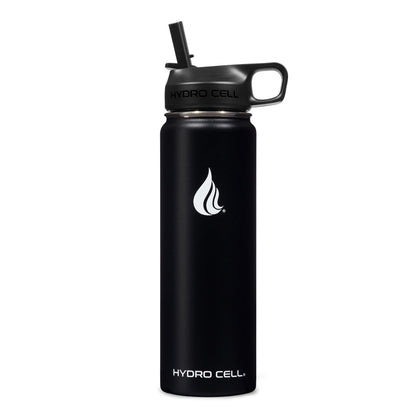 HYDRO CELL Stainless Steel Insulated Water Bottle with Straw - For Cold & Hot Drinks - Metal Vacuum Flask with Screw Cap and Modern Leakproof Sport Thermos for Adults (Black 24oz)