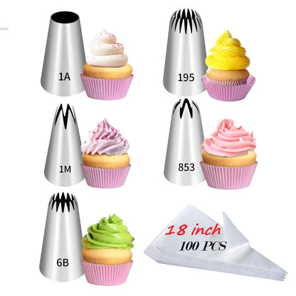 18 Inch Large Piping Bags and Tips Set,100PCS Extra large piping bags Disposable with 5 Piping Tips(Round Tip/Open Tip/Closed Star Tip/Drop Flower Tip/French Star Tip for Cupcakes,Cookie,Cake decor
