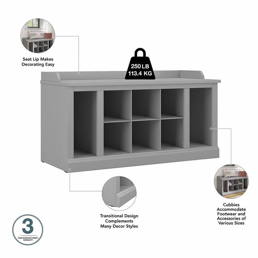 Bush Furniture Woodland 40W Shoe Storage Bench with Shelves in Cape Cod Gray | Footwear Organizer for Home Entryway, Mudroom, and Foyer