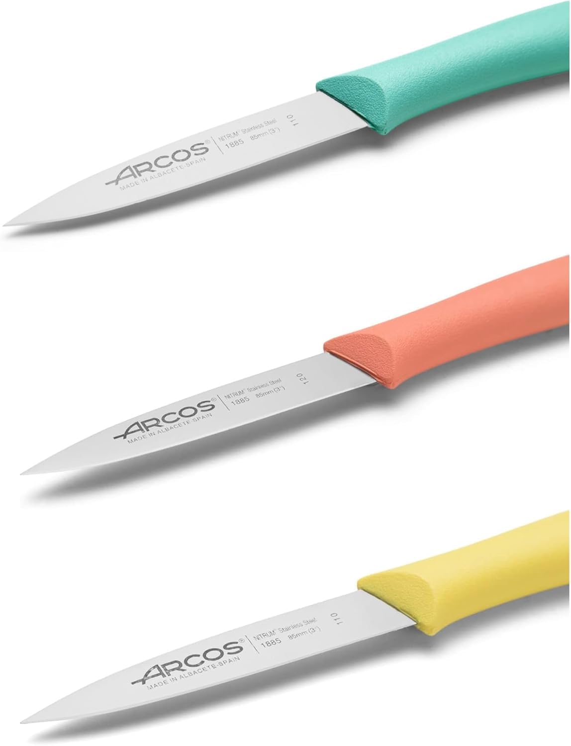 Arcos Paring Knife Set of 3 Pieces 4 Inch Stainless Steel. Colorful Kitchen Knives for Peeling Fruits and Vegetables. Ergonomic Polypropylene Handle. Series Nova. Color Orange, Yellow and Blue.