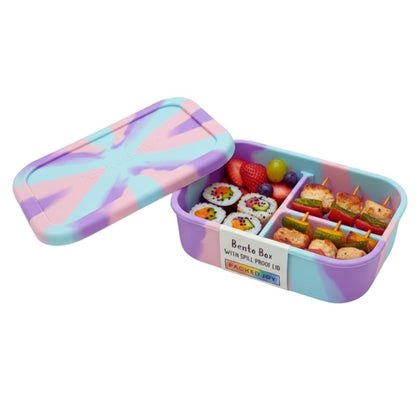 PACKED JOY Silicone Lunch Box for Adults & Kids, 40oz Bento Box | 3 Compartments, Leak-Proof Design, 100% Food-Grade Silicone | Microwavable & Portable For All Occasions (5.7x8.5in) (Purple)