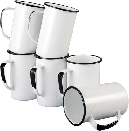 20 Oz Enameled Steel Mug Set of 6, Durable Indoor/Outdoor Use, Reusable & Stackable, Speckled White