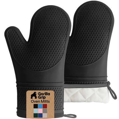 GORILLA GRIP BPA-Free Soft Silicone Oven Mitts, 550F Heat Resistant Waterproof Cooking Safety Gloves, Thick Cotton Lining, Flexible Gripping for BBQ Grilling, Kitchen Potholders Set, 12.5x8.3, Black