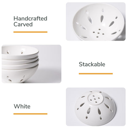 Magclay Ceramic Berry Basket, Round Fruit Bowl with Draining Hole, 5.8" Berry Colander for Kitchen Counter, Fruit Baskets Set of 2, White