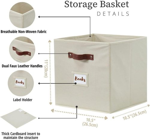 DECOMOMO Storage Bins - Fabric Cube Storage Bins with Labels | 10.5" x 11" | Set of 2, Beige